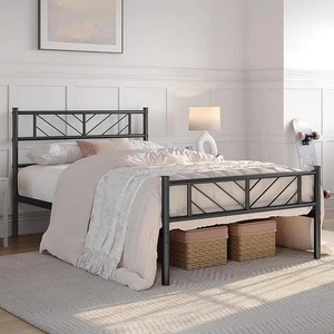 Double Bed Frame Metal Slatted Bed Base Solid Mattress Foundation with Headboard - Picture 1 of 23