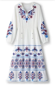 Soft Surroundings Sarnia Gauze Midi Dress| M | Embroidered Floral Red Blue Boho - Picture 1 of 16