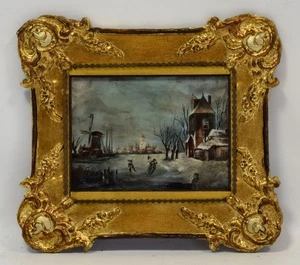 Dipinto antico 1880-1900 circa, paesaggio invernale olandese, olio, firmato. - Foto 1 di 8