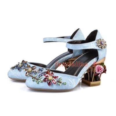 Mujeres Flor Estrás Terciopelo Moda Zapatos Tacones Bloque Personalizados Mary Jane Foto 1 de 4