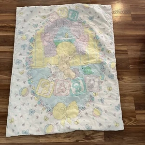 Vintage Precious Moments Our Baby Quilted Blanket Pastel Bunny Bird Handmade Bow - Picture 1 of 11