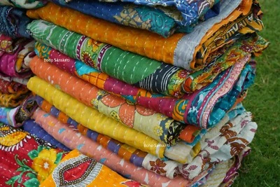 Indian block print hand stitched vintage quilts gudari twin size 85x55 - Image 1 of 4