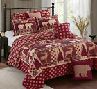 WINTER FOREST 3pc King QUILT SET : RED FARMHOUSE BEAR DEER CHRISTMAS PLAID