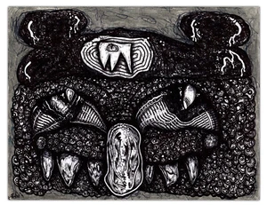 Original JUSTIN AERNI 2023 Mixed Media Surreale Zeichnung: "AERNiMONSTER" - Bild 1 von 1