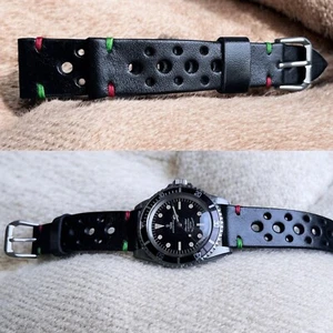 20mm Cinturino In Vera Pelle Traforato Racing Rally Nero Cuciture "ITALY" - Imagen 1 de 6