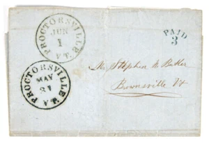 Proctorsville, VT. 1850's Windsor Co, Paid 3 in Arc. CDS struck May 31 & June 1. - Picture 1 of 2