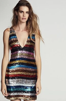 Vestido midi $330 Free People a rayas rubí cuello profundo lentejuelas cuentas espalda descubierta XS/S Foto 1 de 4