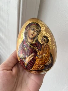 Russian Orthodox Wood icon Virgin Mary Christ Egg | Hand-Painted Signed - Picture 1 of 12
