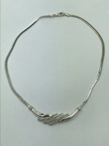 Avon Necklace Silver Tone Herringbone Geometric Design Clear Rhinestones ~15" - Picture 1 of 7