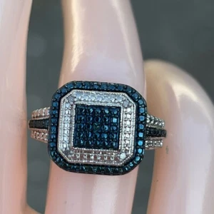 Natural Genuine Blue and White Diamond Cocktail Ring Rhodium Over Brass size 7 - Picture 1 of 14