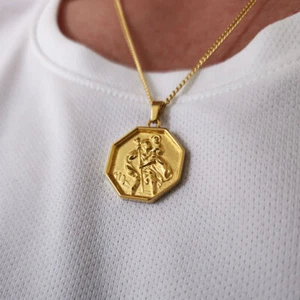 18K Gold Saint Christopher Necklace, Mens Necklace, Travel Necklace, - Picture 1 of 11