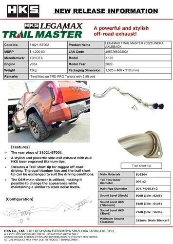 Escape traseiro de eixo HKS LEGAMAX TRAIL MASTER serve para 2022+ Toyota Tundra V6 TT  - Imagem 1 de 1