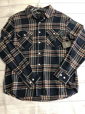 Brixton Bowery Flannel Shirt Mens Medium Navy Plaid Vegan Wool Standard Fit - Image 1 of 4