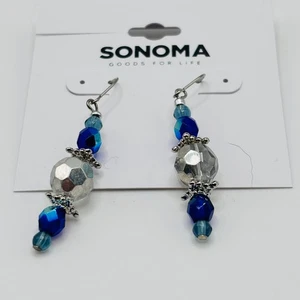 Sonoma Blue Silver Beaded Dangle Earrings Faceted Glass Boho Drop Jewelry NWT - Picture 1 of 3