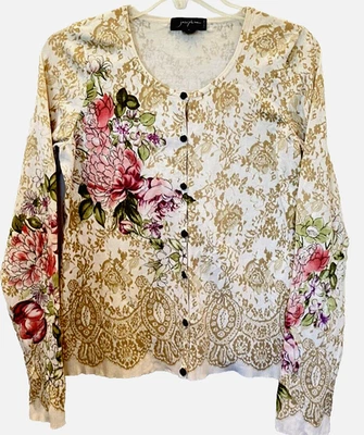 JOSEPHINE PS SILK COTTON Knit Floral Rose Buttons Cardigan Sweater Top Petite S - Image 1 of 4
