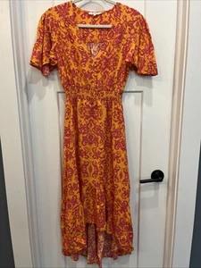 Anthropologie Abel The Label High Low V Neck Maxi Dress Orange Pink Size Medium - Picture 1 of 13