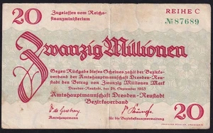 Germany Dresden 20 Million Mark 1923 Vintage Emergency Paper Money Banknote VF - Picture 1 of 2
