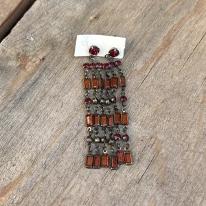 Vintage Red Stone Earrings Dangling Long Drop Brass Metal - Picture 1 of 3