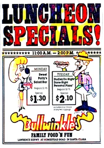 Vintage Bullwinkle's Restaurant Werbung auf Kühlschrankmagnet 2,5 x 3,5" Zinn laminiert - Bild 1 von 4