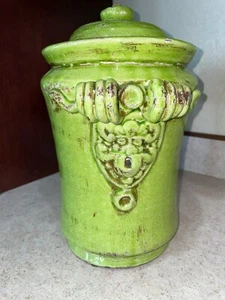 Vintage Green Ceramic Canister With Lid Ornate Decorative Design Distressed Fini - Picture 1 of 9