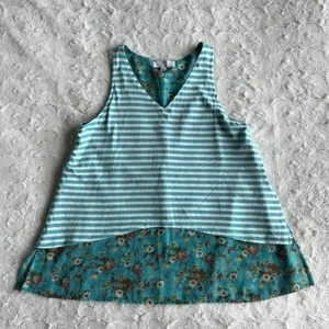 Tank Top Girls Large Teal V Neck Sleeveless Striped Floral Ten Sixty Sherman - Picture 1 of 5