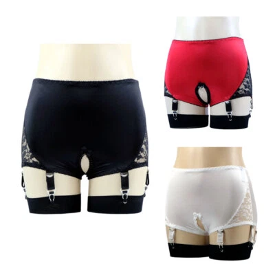 Alacki Crotchless Garter Panties 6 Straps Metal Claws Lace Satin Lingerie - Image 1 of 4