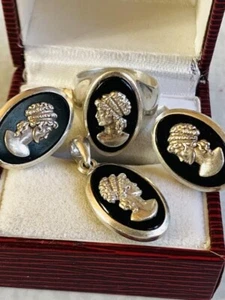 Vintage Cameo Jewelry Set 925 Silver HL6 Agate Overlay Ring Size 17.5 16.9g - Picture 1 of 8