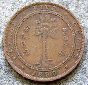 CEYLON QUEEN VICTORIA 1890 5 CENTS Palm Tree LARGE COLONIAL COPPER km# 93 - Picture 1 of 6
