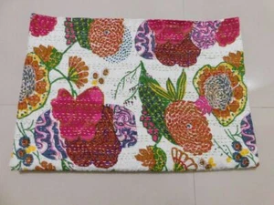 Indian Handmade White Floral Print Kantha Quilt Bedspread Vintage Cotton Throw - Picture 1 of 5