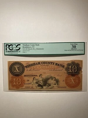 Windham County Bank Brattleboro Vermont $10 18__ Remainder very fine - Image 1 of 2