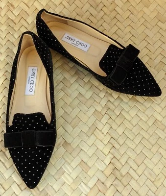 JIMMY CHOO Mujeres Brillo Punteado Terciopelo Gala Pisos Negro Talla 37 EU | 7 US | 4 UK Foto 1 de 4