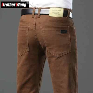 Men's Slim Brown Jeans Business Casual High Stretch Denim Pants Male Trousers - Picture 1 of 27