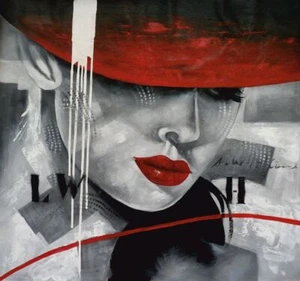 EYECATCHER donna con cappello rosso stampa su tela su telaio a cuneo varie misure - Foto 1 di 1