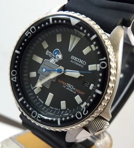 Seiko Ceramic Snoopy Red Baron Black Automatic Divers Date Watch Custom 7002 Mod - Picture 1 of 24