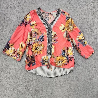 Блузка женская Spense XL цветочный чек рукав 3/4 богемное кнопка спереди топ вискоза - Изображение 1 из 4