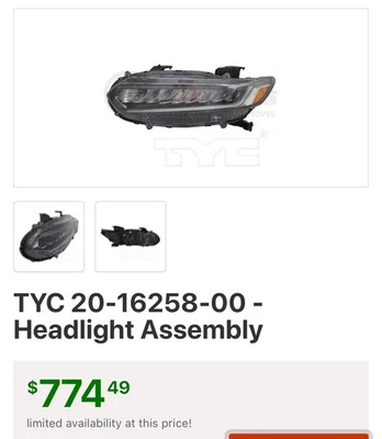 Headlight Certified TYC 20-16258-00-9 fits 18-20 Honda Accord Left Driver Side - Изображение 1 из 4