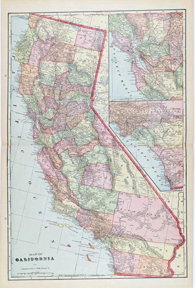 ANTIGUO MAPA DE CALIFORNIA 1908 ORIGINAL GRANDE (20X13) FERROCARRILES MUNICIPIOS Foto 1 de 3