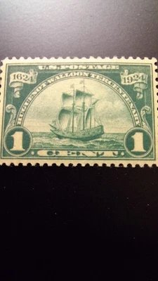 US STAMP Scott#614 MINT VF LH OG, 1 cent, Huguenot-Walloon Dk. Green, 1924 issue - Image 1 of 3