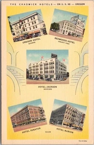 Vintage 1937 Oregon Postcard "THE CHADWICK HOTELS" 5 Views / Curteich Linen - Picture 1 of 2