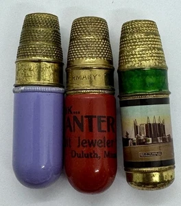 ANTIQUE TRAVEL SEW THIMBLE , Thread & Needle Holder - Set Of 3 (2 W/ Advertising - Picture 1 of 3