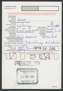 Lightning Bear (1947-2011) signed UK Landing Card | Stuntman autograph - PSA/DNA - Picture 1 of 2