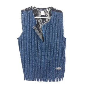 Pepe Jeans London Top L Blue Denim Black Lace Sleeveless Frayed Stretch Sheer - Picture 1 of 11