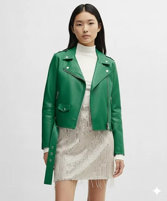 Chaqueta de cuero genuina para mujer hecha a mano verde informal piel de cordero elegante motocicleta Foto 1 de 4