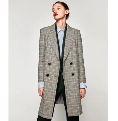 Zara  Yellow grey check Checked Double Breasted Mid Length coat Size M - Image 1 of 4