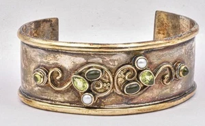 Estate Sterling Silver Israel Peridot Pearl & Green Jade WIDE Cuff bracelet - Picture 1 of 8