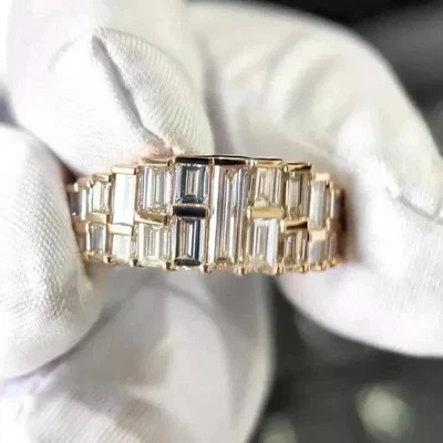 2Ct Baguette Cut Lab Created Diamond Cluster Wedding Ring 14K Yellow Gold Plated - Image 1 of 4