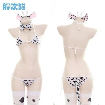  Kawaii Cute Cow Printed Bikini Suit Underwear Sexy Lingerie Cosplay - Image 1 of 4