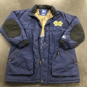Vintage Michigan Wolverines Jacket Men XL Blue Yellow Starter Puffer 90s Hooded - Picture 1 of 24