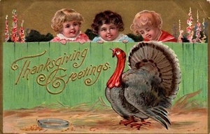 POSTCARD THANKSGIVING EMBOSSED KIDS BEHIND A FENCE WATCHING TURKEY - Picture 1 of 2