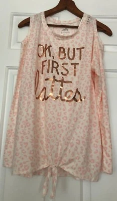NWT Girls Justice White & Peach Leopard Print Long Sleeve - OK, But First Lattes - Image 1 of 4